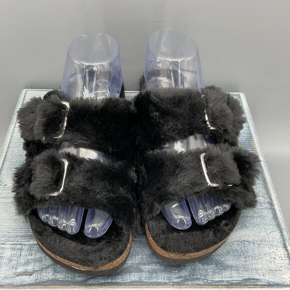 New Fitory Women’s Open Toe Slipper With Faux Rabbit lining Black Size 8 - Picture 3 of 9
